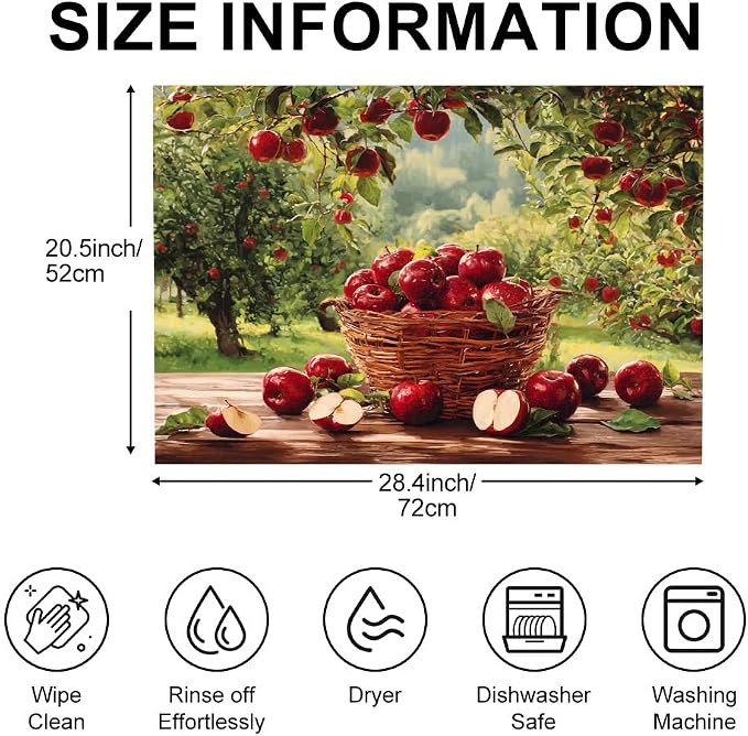 Farmhouse Apple Stove Top Cover 28x20 Inch Decorative Kitchen Cover | Heat Resistant Cooktop Protector Mat with Non-Slip Backing, Scratch Protection and Countertop Drying Mat.