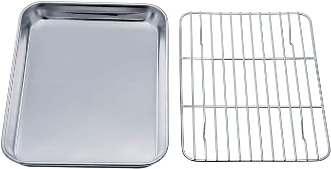 TeamFar Toaster Oven Tray and Rack Set, 9.3" x 7" x 1" Toaster Oven Pan | Stainless Steel Toaster Oven Pan Broiler Pan with Wire Rack for Cooking, Non Toxic & Healthy, Easy Clean & Dishwasher Safe