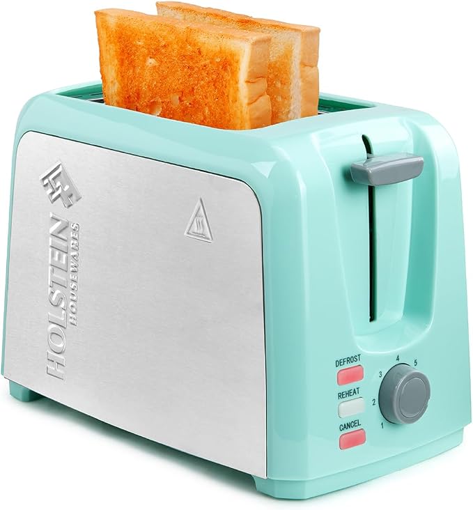 Holstein Housewares 2-Slice Toaster with 7 Browning Settings, Extra-Wide Slots, Reheat, Defrost, Cancel, High-Lift Release, Removable Crumb Tray – Compact Stainless Steel, Mint