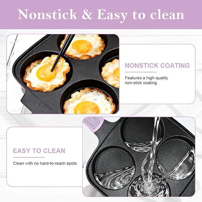 RANX INGST 4-Cup Egg Pan Nonstick with Lid 10 Inch Large Pancake Pan,Purple | Detachable Handle, Omelette Skillet Induction Compatible for Breakfast