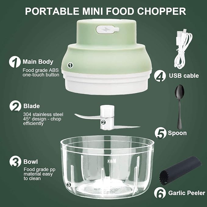 Electric Garlic Chopper Mini, Garlic Masher Crusher, Food Processor Small with Garlic Peeler And Spoon (100ML/3.3FL OZ, Green) 3.1 * 3.1 * 3.9 IN