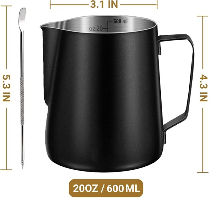Milk Frothing Pitcher, 350ml/600ml (12oz/20oz) Milk Frother Cup Stainless Steel Jug Steaming Pitcher, Milk Coffee Cappuccino Latte Art Barista Steam Pitchers Milk Jug Cup with Decorating Pen