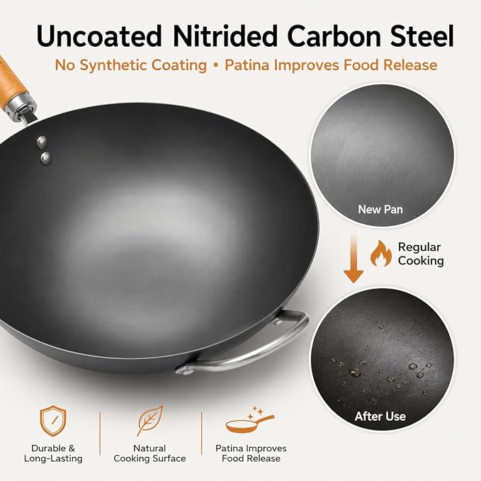 WANGYUANJI 12.6 Inch Carbon Steel Wok with Lid, Flat Bottom Wok Pan for Induction, Electric and Gas Stoves, Uncoated Chinese Stir Fry Pan with Wooden Handle