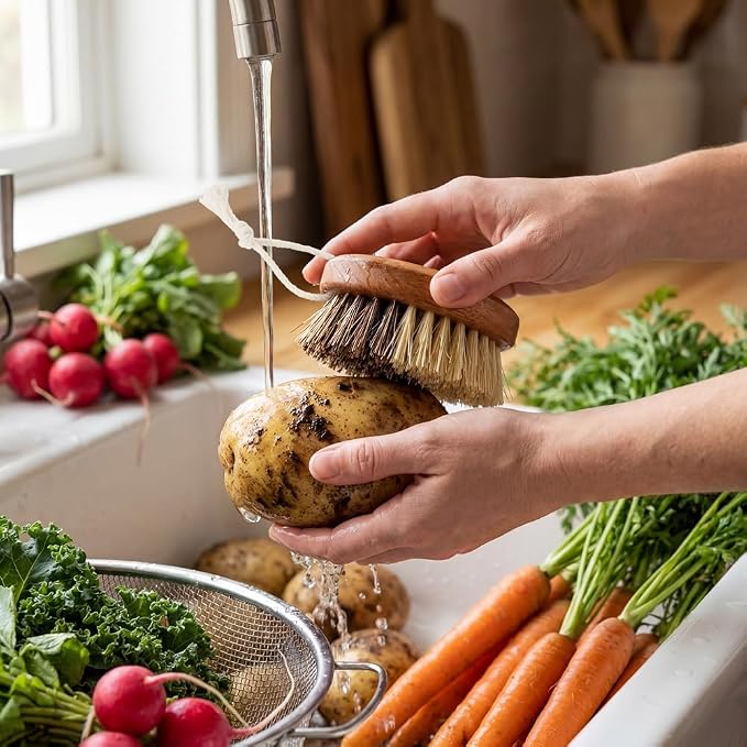 2 Pack Vegetable & Fruit Cleaning Brush Set, Dual Bristle Veggie Brush Potato Scrubber with Hanging Rope & Hooks, Kitchen Vegetable Scrubber for Carrots Fruits Foods(Wood)
