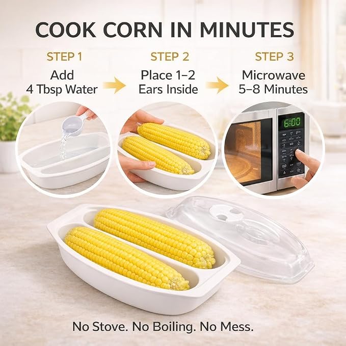 Microwave Corn Steamer for 2 Ears – BPA Free Cob Container with Vented Lid, Dishwasher Safe for Fresh or Frozen Ears