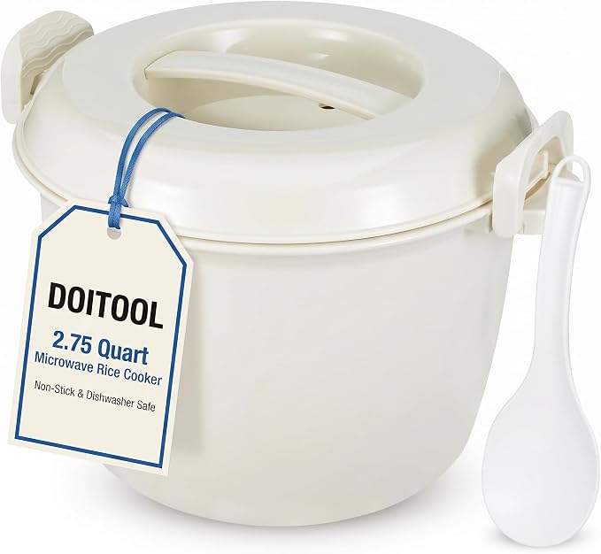 DOITOOL Microwave Rice Cooker 2.75 Quart Rice Steamer Cooker & Microwavable Pasta Maker with Steam Release Vent - 10 Cups Large Vegetable Steamer Bowl -, Dishwasher Safe