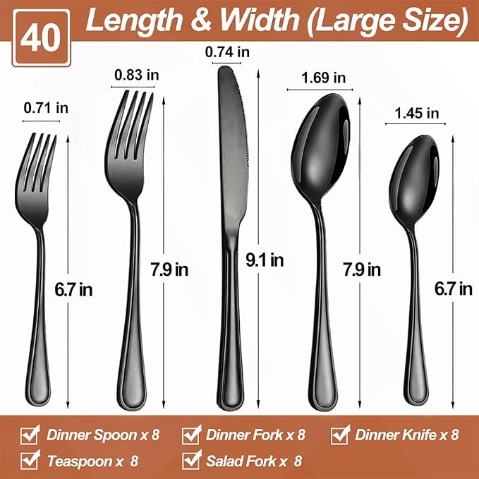 Silverware Set,40-Piece Stainless Steel Flatware Set for 8 | Food-Grade Stainless Steel Cutlery Set,Dishwasher Safe,Mirror Finished Utensil Sets for Home Restaurant,Double-Stripe,Black