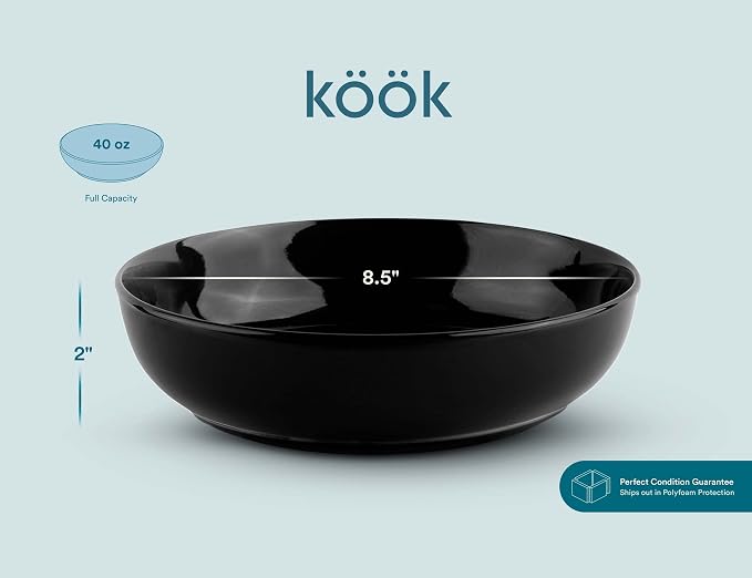 KooK Pasta Bowl, Salad Bowls, Soup, Serving Bowls, Ceramic, Large Capacity, Microwave & Dishwasher Safe, Set of 4, 40 Oz, (Charcoal)