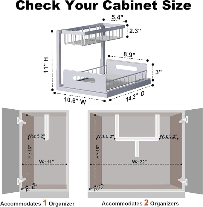 Under Sink Organizer, L-Shaped 2 Tier Pull Out Cabinet Organizer | For Kitchen and Bathroom, Slide Out Under Cabinet Storage, Metal Under Sink Storage with Sliding Drawer, 50 lbs, Grey 2 Pack