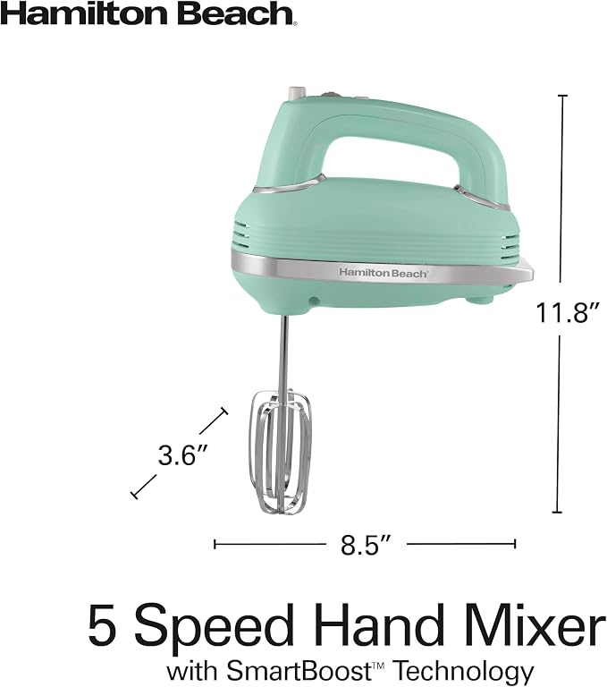 Hamilton Beach Retro 5-Speed Electric Hand Mixer With SmartBoost Technology | Powerful 1.3 AMP DC Motor for Effortless Mixing | Slow Start | Beaters & Whisk | Snap-On Storage Case | Green | 62601N