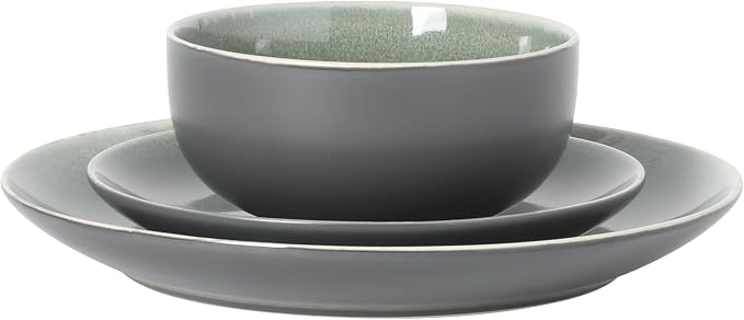 Gibson Elite Pine Coast Plates and Bowls Sets, 12-Piece Stoneware Dinnerware Sets, Reactive Glaze Dish Set - Green