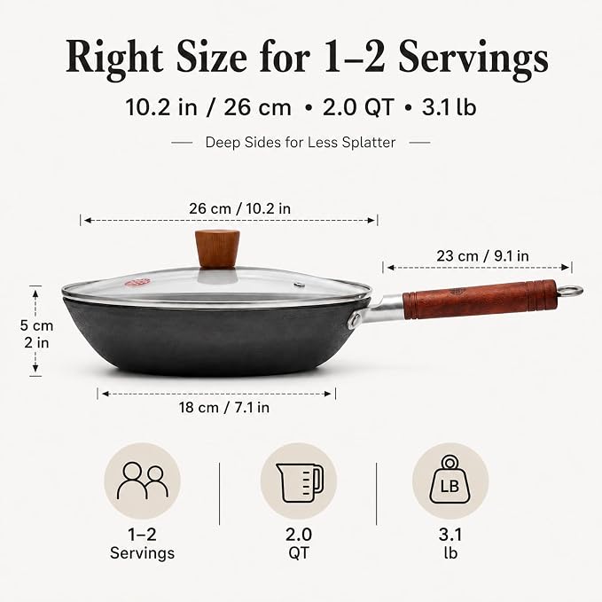 WANGYUANJI 10.2-Inch Cast Iron Skillet with Glass Lid, Uncoated Frying Pan with Flat Bottom for Induction, Gas & Electric Stovetops, Small Egg Pan for Breakfast, Steak & Sautéing