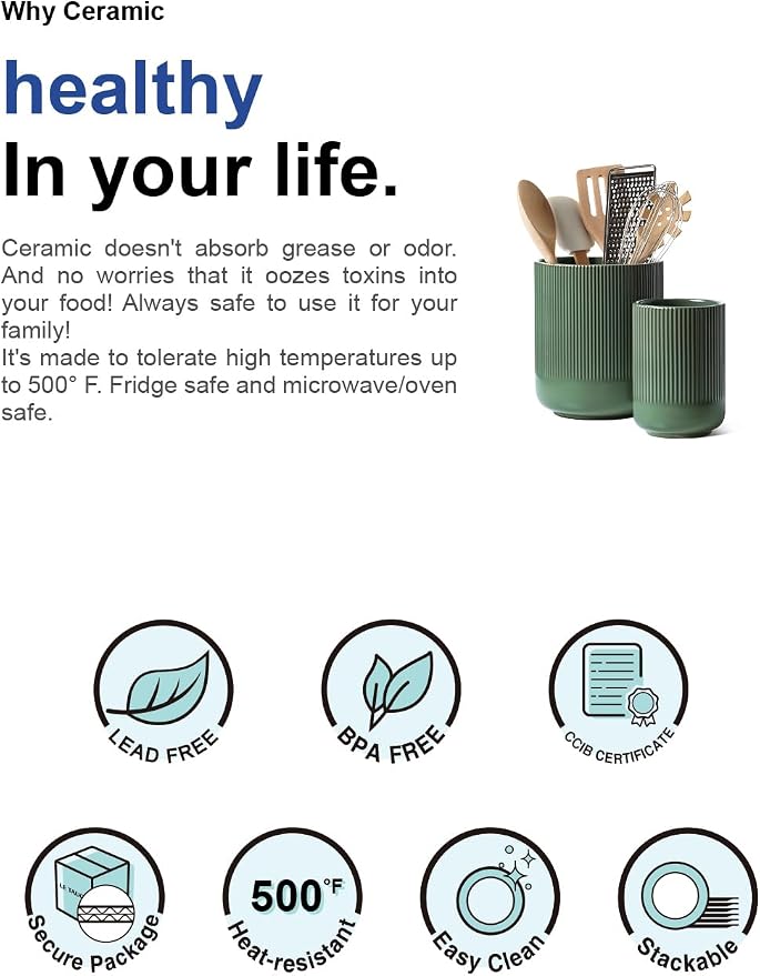 LE TAUCI Utensil Holder for Kitchen Counter, 7.3"+5.4" Fluted Ceramic Utensil Crock Organizer for Countertop, Heavy Large Holder for Spatulas, Spoons, Set of 2, Forest Green