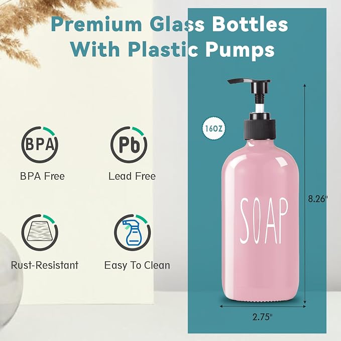COHOSEGE Glass Soap Dispenser Set 2 Pack,16 Oz Hand Soap Dispenser for Bathroom,Pink Kitchen Accessories and Bathroom Decor,Soap and Lotion Dispenser Set for Bathroom