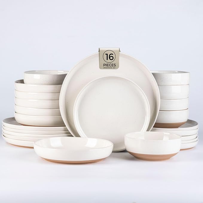 AmorArc Dinnerware Sets for 4, 16 Pieces Ceramic Plates and Bowls Set | Scratch Resistant Stoneware Dishes Set, Dishwasher & Microwave Safe, Light Beige
