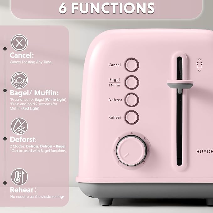 BUYDEEM DT620 2-Slice Toaster, 7 Shade Settings, Extra Wide 1.5'' Slots for Bagel & English Muffin, 6 Toasting Functions, Retro Stainless Steel Toaster with High Lift Lever, Pink