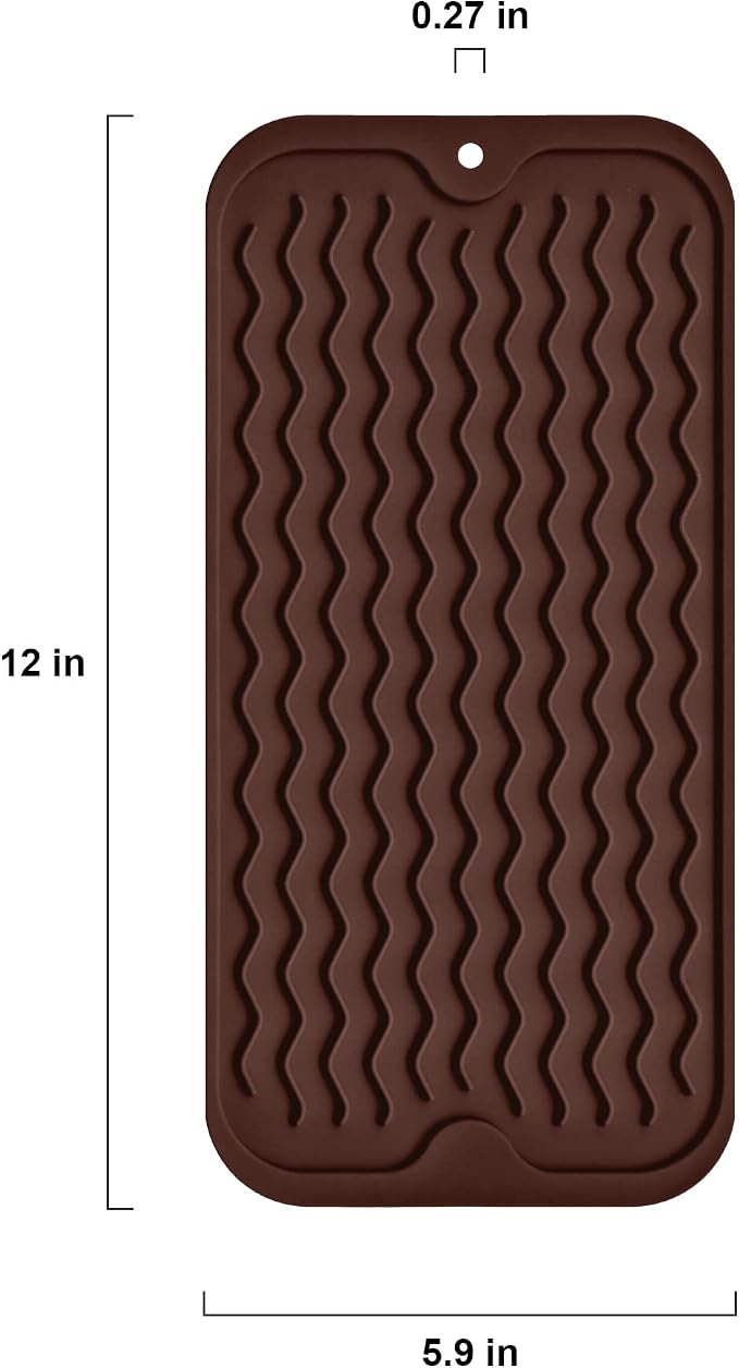 Silicone Dish Drying Mat, Non-Slip Easy Clean Sink Mat, Coffee, 12" x 6" | Quick-Dry Ridges, Hangable & Roll-Up for Storage, Dishwasher Safe