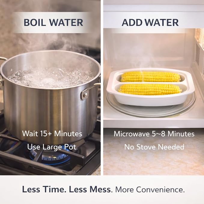 Microwave Corn Steamer for 2 Ears – BPA Free Cob Container with Vented Lid, Dishwasher Safe for Fresh or Frozen Ears