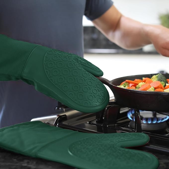 BPA-Free Silicone Oven Mitts Ultra Heat Resistant up to 500°F - Oven Mitts with Thick Cotton Liner - Long Slip Resistant Pot Holders, Flexible Oven Gloves - Green 13.7"