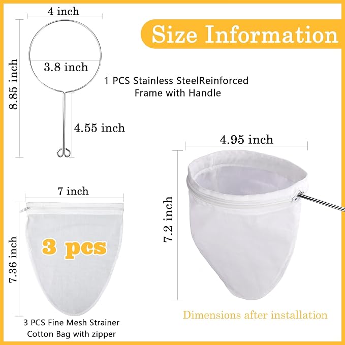 WMKGG Ultra Fine Mesh Strainer Bags, Reusable Mesh Filter Bags with Stainless Steel Handle Frame for Filter Single Tea, Coffee, Serving Juice and Kefir (Mini Size)