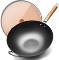 WANGYUANJI 14.2" Carbon Steel Wok with Lid, Flat Bottom Chinese wok | No Chemical Coating Large Nitriding Stir Fry Pan, Rust Resistant Iron Skillet for Induction Electric Gas Stoves, Big Capacity