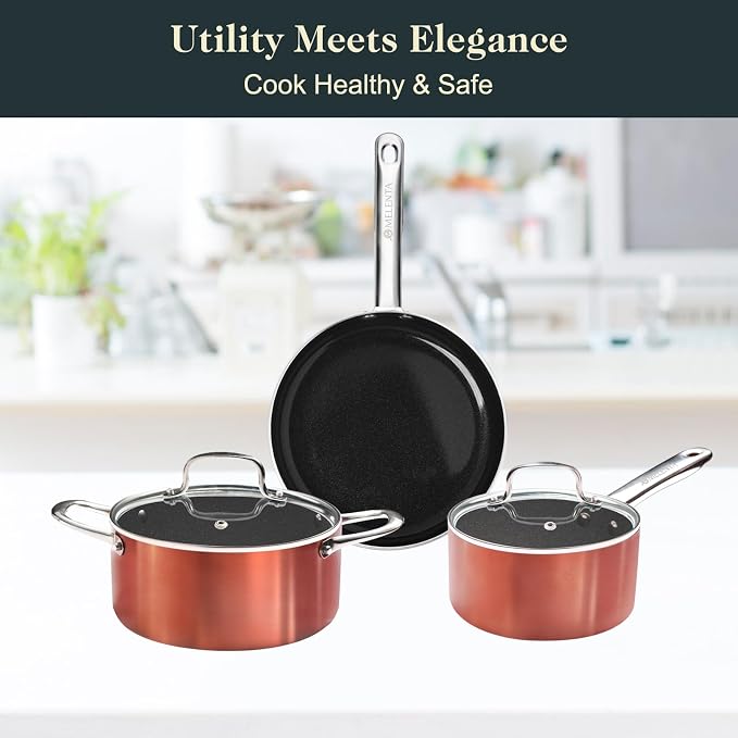 M MELENTA Pots and Pans Set 7 piece, Non Stick Copper Ceramic Cookware Set | Compact Starter Cookware, Nonstick Pots and Pans Set, Induction Cookware, Kitchen Cooking Set, Oven Safe, PFAS & PFOA Free