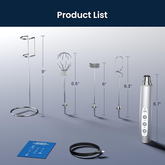 Milk Frother Wand Rechargeable Handheld Electric Whisk 3 Speed Adjustable | Coffee Frother Wand with 3 Stainless Whisks Electric Foam Maker Drink Mixer Blender for Latte Cappuccino Matcha Egg