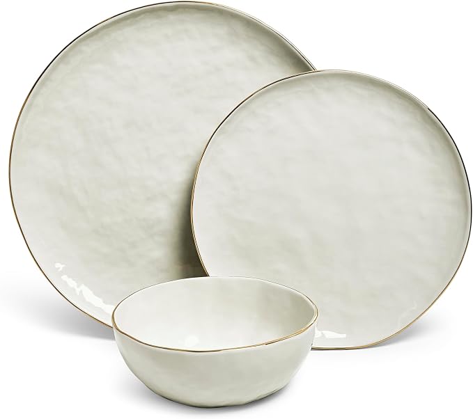 Sango 12-Piece Lightweight Porcelain Dinnerware Set for 4, Glossy Vanilla White Plates and Bowls Sets, Gold Rims, Farmhouse Ceramic Dish Set, Rustic Dishes, Microwave and Dishwasher Safe, Gansevoort