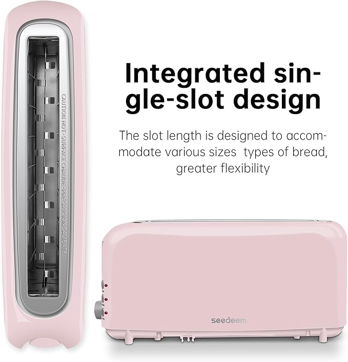 SEEDEEM 2 Slice Slim Toaster, 10" Long Slot, 6 Shade Settings, Pink | Long Slot, 6 Shade Settings, Cancel/Reheat/Defrost, Removable Crumb Tray