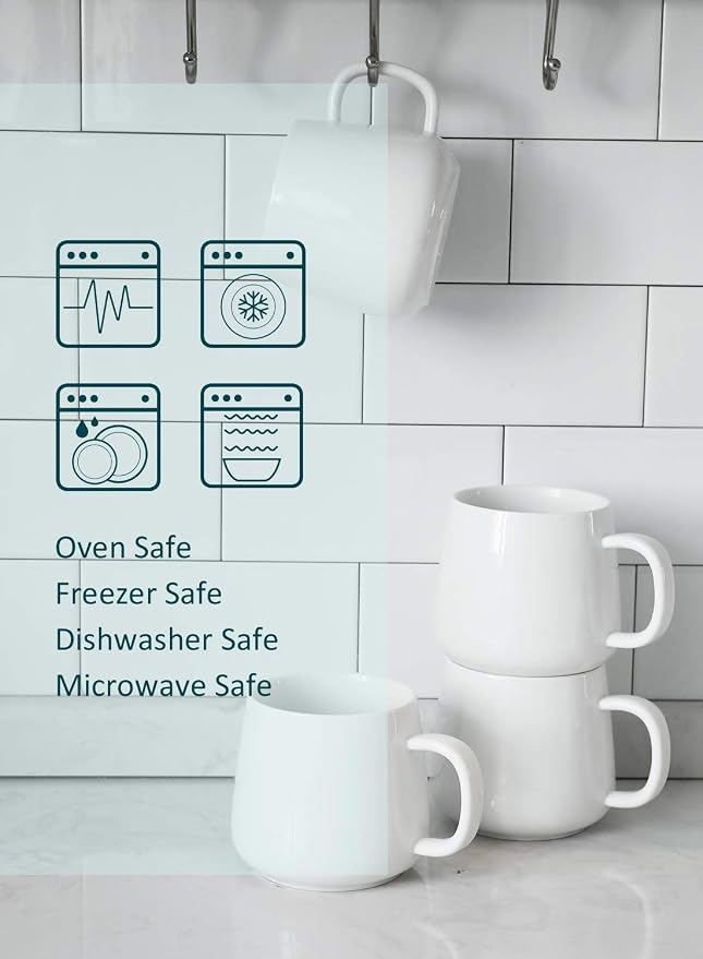 Teocera Coffee Mugs Set of 6-12oz Chip-Resistant Ceramic Cups with Ergonomic Handle | Dishwasher & Microwave Safe White Mugs | Keeps Beverage Hot, Perfect for Family Kitchen & Holiday Gifts