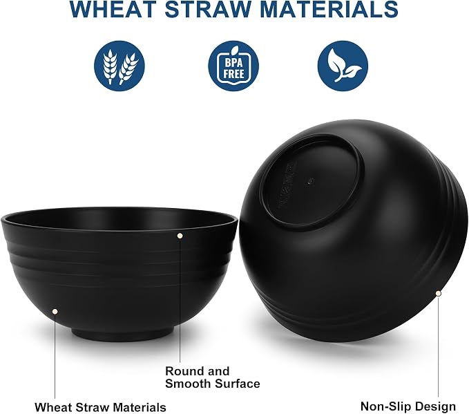 HOTEC 24-Pack Unbreakable Kitchen Plastic Wheat Straw Dinnerware Set – BPA-Free Plates, Bowls & Cups | Lightweight, Microwave & Dishwasher Safe | Black Reusable Tableware for Home & Outdoor Use