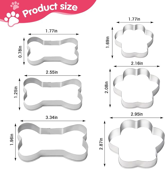 6 PCS Dog Bone and Paw Cookie Cutters, 3 Sizes, Stainless Steel | Print Shaped, For Homemade Baking Theme Party Homemade Treats Print