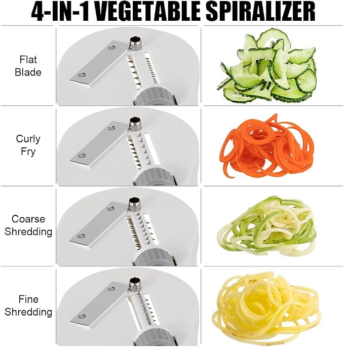 Badelite Vegetable Spiralizer 4-IN-1 Rotating Blade Veggie Spiralizer Zucchini Noodle Maker with Strong Suction Cup Spiral Vegetable Cutter Slicer - White