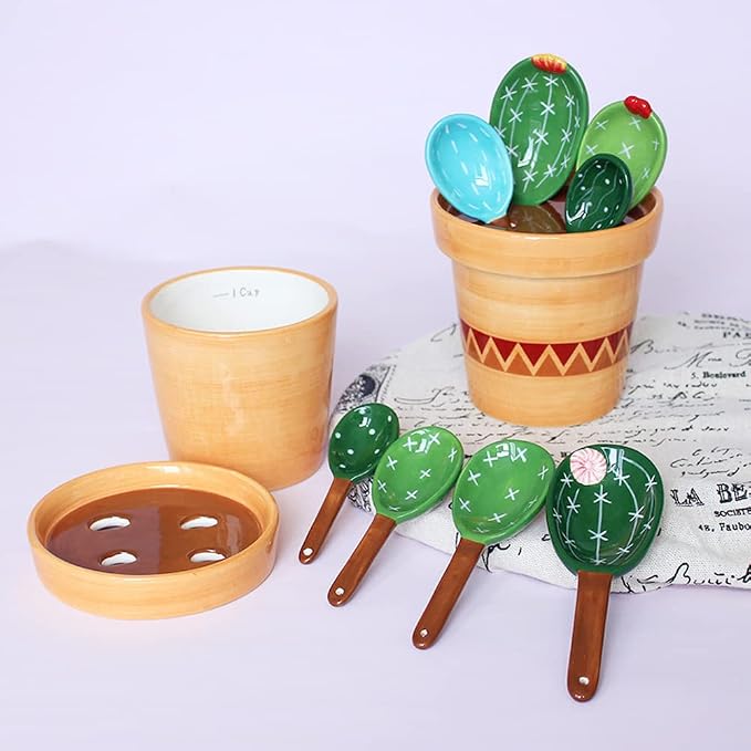 Cactus Measuring Spoons Set in Pot Ceramic Cute Measuring Cups and Spoons Unique Baking Gifts for Dry Wet Ingredients Dishwasher Safe 1 Tbsp 1 TSP 1/2 TSP 1/4 TSP 1 Cup Blue