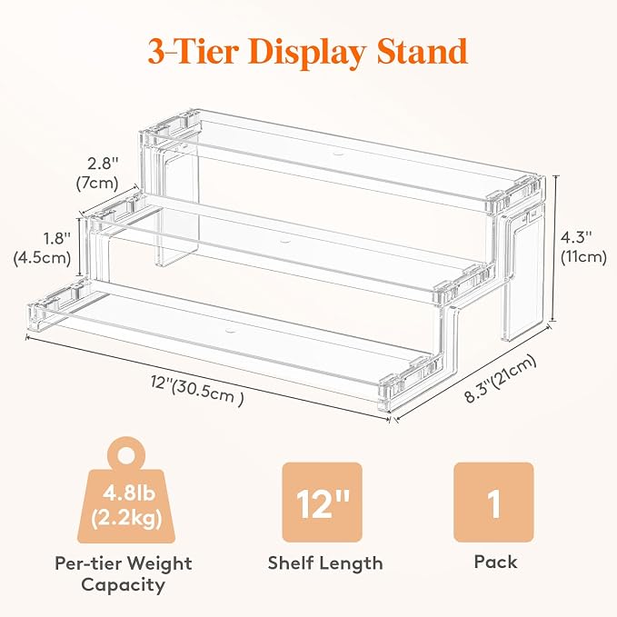 Lifewit 12″ Spice Rack, Perfume Cologne Stand,Tool-Free Assembly, 1 Pcs | 3-Tier Clear Display Riser Shelf, Cupcake Stand, Seasoning Figurine Makeup Holder, Room Decor, Kitchen Cabinet Storage