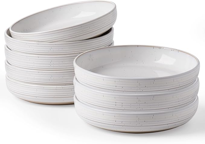 famiware Milkyway 33 oz Pasta Bowls Set of 8, White with Speckles | Double Reactive Glaze, Scratch-Resistant Stoneware Salad Bowls, Stackable, Dishwasher & Microwave Safe, Lead-Free