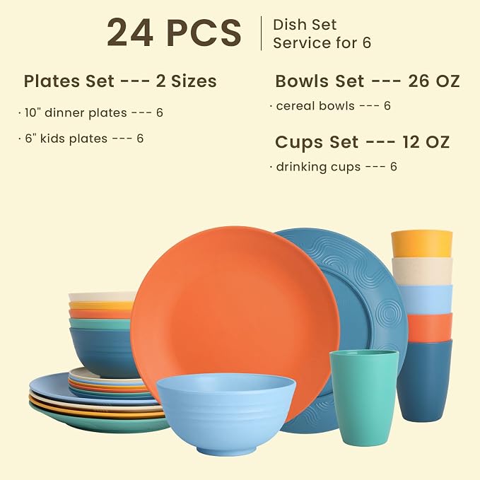 Unbreakable Wheat Straw Dinnerware Set - Plastic Plates and Bowls Sets Alternative, 24-Piece Dishes Set for Apartment, RV, Party, Microwave and Dishwasher Safe Plates, Bowls, Cups(Multi)
