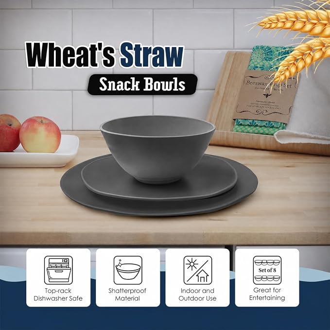 Teivio 32-Piece Plates and Bowls Sets for 8, Irregular Gray Dinnerware Sets | Irregular Cups, Plastic Wheat Straw Unbreakable Dish Set, Dishwasher Safe, for Outdoor Camping RV Essentials Plate Set