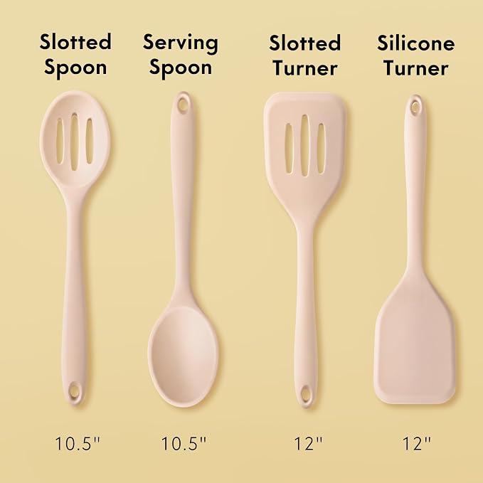 NonToxic Platinum Silicone Utensils, 100% Plastic-Free, 4-Pcs, Beige | LFGB-certified platinum silicone. Solid steel core, no hidden plastics. 500°F heat resistant. Non-scratch. Dishwasher safe