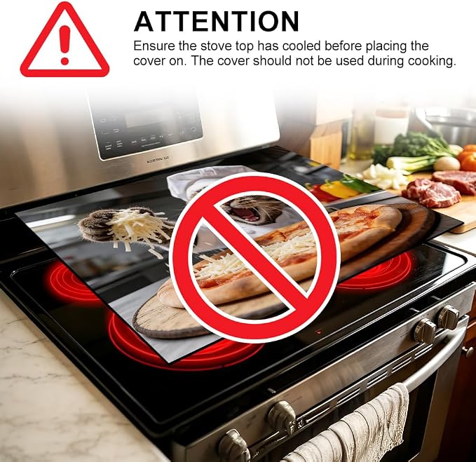 Funny Cat Pizza Stove Top Cover for Electric Stove, 28x20 In Mat | Heat-resistant non-slip mat holds hot cookware; glass cooktop protector, dish drying; kitten cheese cat lover kitchen decor