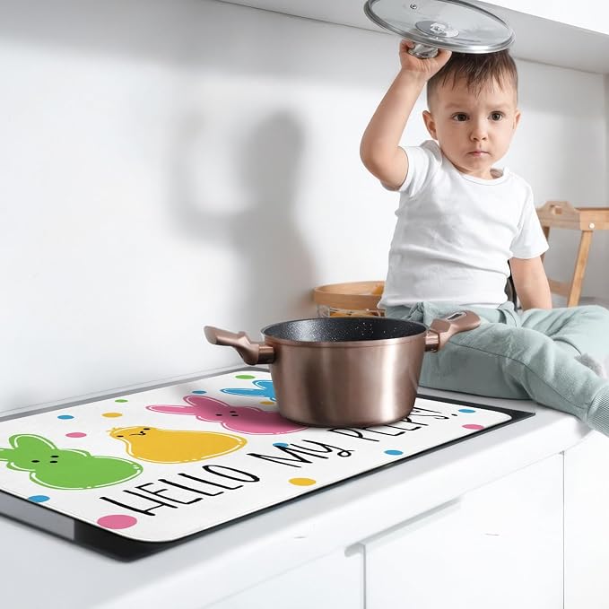 Happy Easter Glass Stove Top Covers for Electric Stove,Hello My Peeps Rabbit Bunny Chick Polka Dots Heat Resistant Cooktop Protector Non-Slip Washable Dish Drying Mat Rug Pad for Kitchen Decor 28"x20"