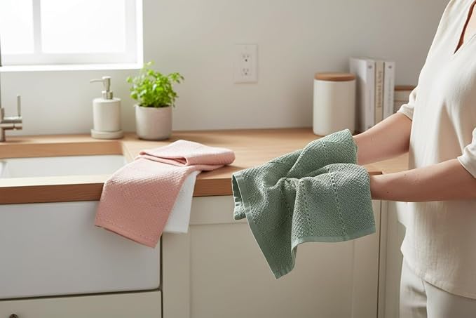 Sage Pink White Kitchen Hand Dish Towels, Set of 3, 100% Cotton, 18" x 28" | Terry Loop Textured, Soft & Absorbent Cleaning Cloth, Quick Dry, Multipurpose for Everyday Use