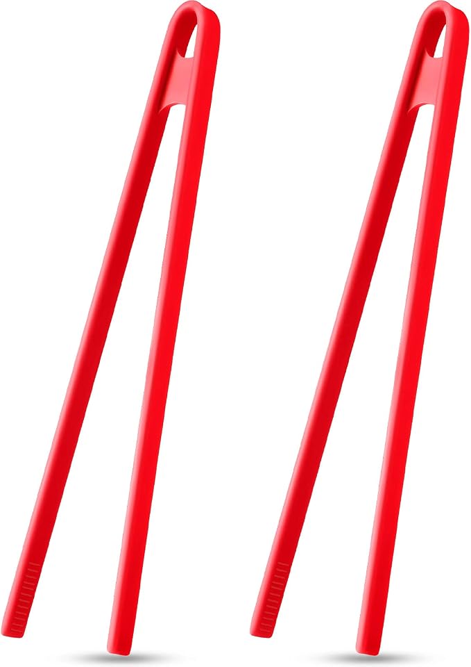 Patelai 2 Pcs 11.8 Inch Silicone Tongs for Cooking Silicone Tweezer Trivet Toaster Tongs Long Heat Resistant Kitchen Grilling Serving Utensils for Food BBQ, Pan Fried Steak, Salad(Red)