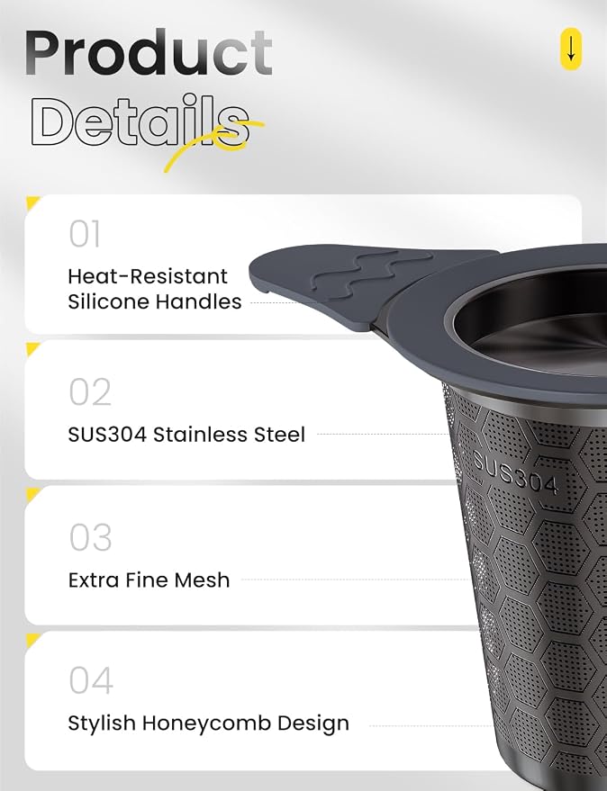 Tea Infuser for Loose Leaf Tea,Stainless Steel Tea Strainer with Silicone Handles,Extra Fine Mesh Tea Strainers for Loose Tea Filter Fine Tea Leaves Effectively,Fits TeaPots/Mugs(Black)