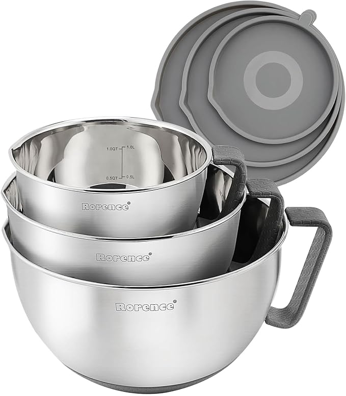 Stainless Steel Mixing Bowls Set with Lids,1.5,3 & 5 Qt,Gray | Non-Slip Silicone Base,Precision Pour Spout,Ergonomic Easy-Grip Handle,Measurement Marks,Airtight Lids,Cooking & Meal Prep