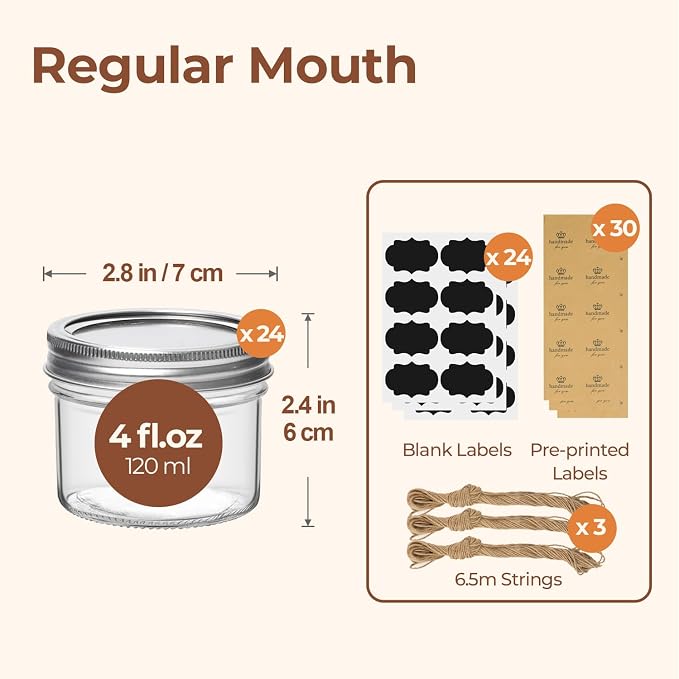ComSaf 4 oz Mason Jars Bulk Set, 24 Pack Regular Mouth Jars with Lids | BPA-Free Materials, Spice Rack, Small Jam, Honey Samples, Wedding Favors, DIY Candles, Labels and Twine