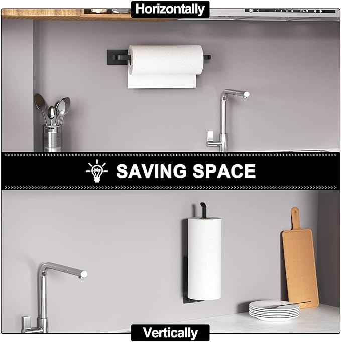 Paper Towel Holder Under Cabinet, Self-Adhesive or Drilling, Matte Black | Kitchen Roll Dispenser | Under-Cabinet or Wall-Mounted| Upgraded Aluminum | Lighter Yet Stronger Than Stainless Steel