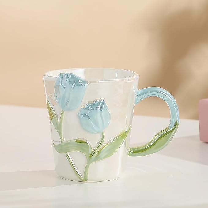 Floral Ceramic Coffee Mug 11.8 Oz Espresso Cup, Cute Flower Tea Cup with Handle for Women, Girly Mug Gift for Christmas Birthday, Home Office Drinkware, Blue