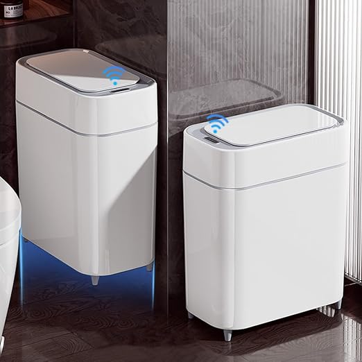 LALASTAR 2 Pack Automatic Trash Can Bathroom, Touchless Garbage Can with Lid, Slim Motion Sensor Waterproof Plastic Trash Bins for Bedroom Office Toilet, 2.3 Gallon, White+Grey Trim