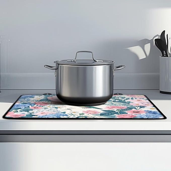 Hummingbird Pink Blue Flower Print Electric Stove Top Cover 29.18 x 20.96 inch Coffee Machine Mat Thick Induction Butterfly Dragonfly Print Glass Cooktop Protector with Lanyards Range Covers